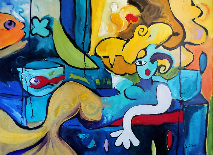 Tableau de Zoé l’artiste, peint en 2017, représentant une sirène colorée sous un ciel des Antilles, encre et acrylique.