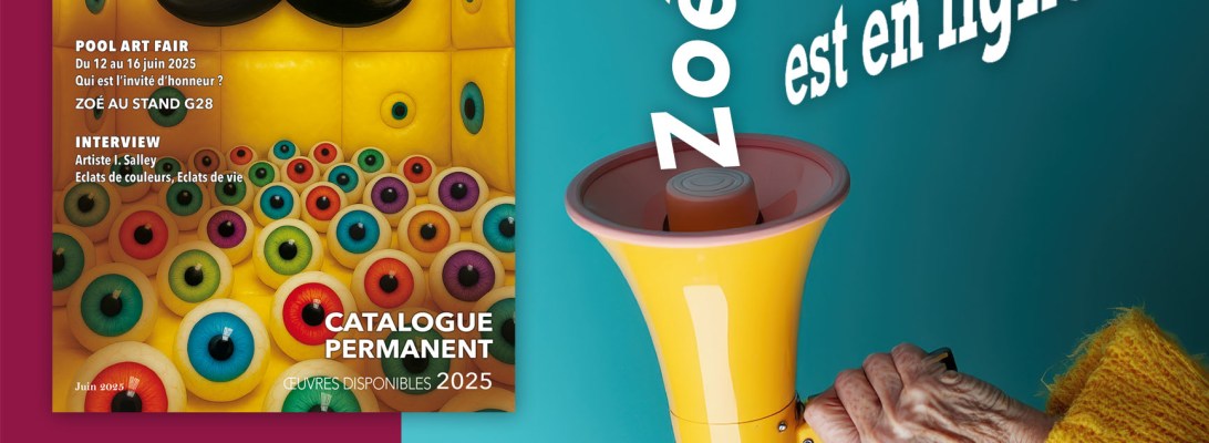 Zoé, artiste peintre guadeloupéenne, annonce la sortie du magazine Zoélogy n°4 – image de communication artistique avec une femme au mégaphone sur fond coloré