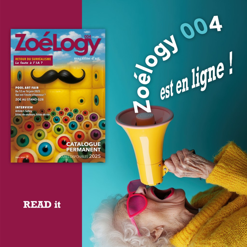 Zoé, artiste peintre guadeloupéenne, annonce la sortie du magazine Zoélogy n°4 – image de communication artistique avec une femme au mégaphone sur fond coloré