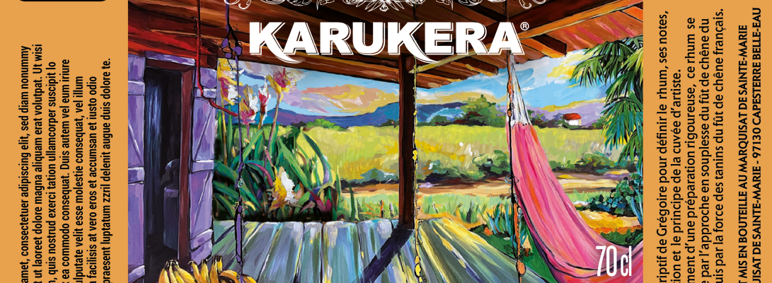 Étiquette artistique des Rhums KARUKERA réalisée par Zoé, artiste peintre guadeloupéenne — illustration originale inspirée de la Guadeloupe et de ses champs de canne.