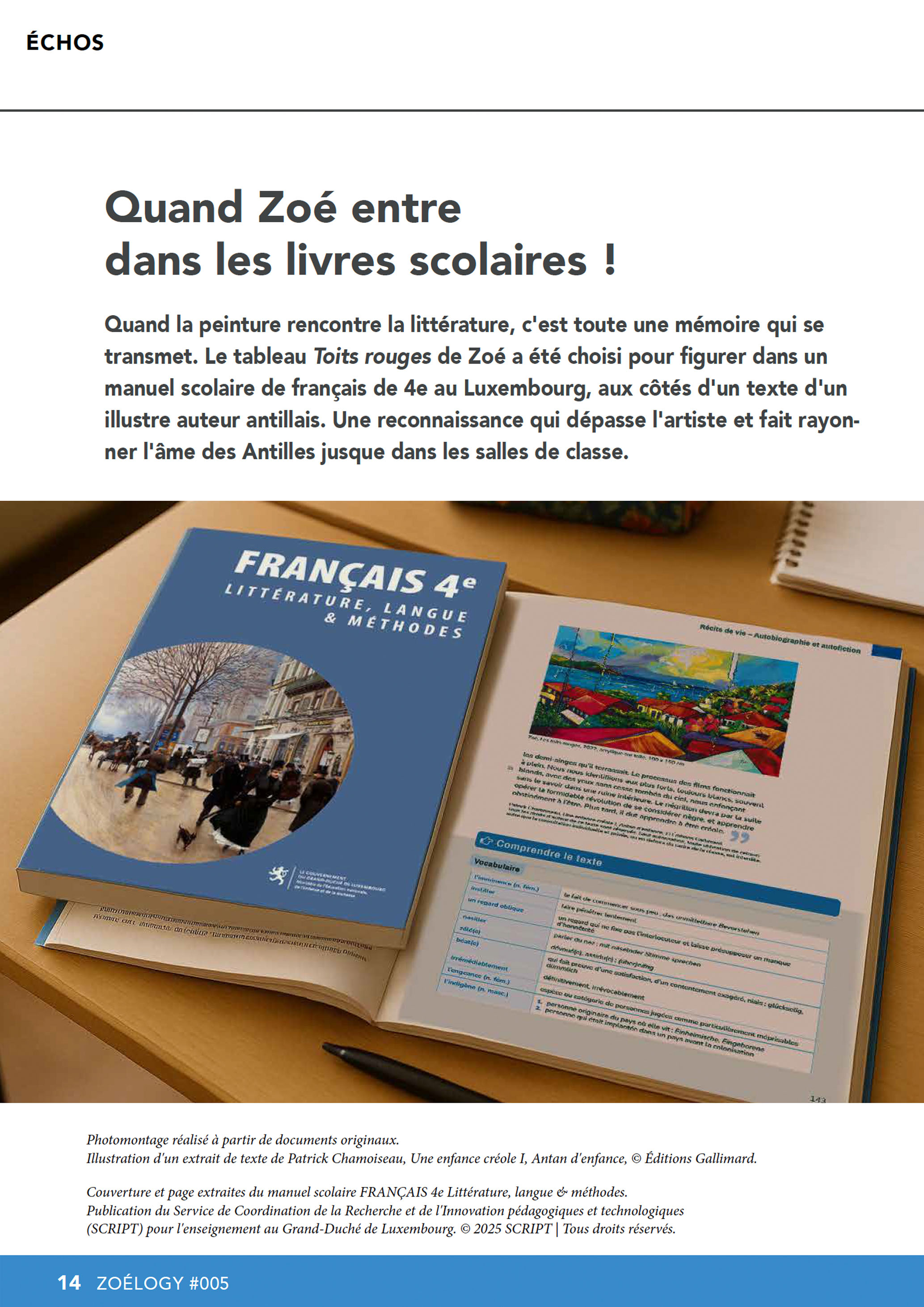 Manuel scolaire de français 4e ouvert sur une double page montrant le tableau « Toits rouges » de l'artiste Zoé, aux côtés d’un texte de Patrick Chamoiseau. Reconnaissance de l’art antillais dans l’enseignement au Luxembourg.