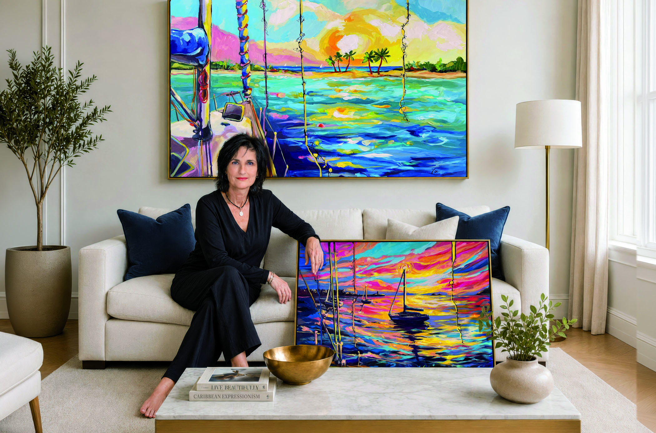 Portrait de Zoé l’artiste, peintre guadeloupéenne, entourée de ses tableaux aux couleurs des îles. Artcle dans Maison et Jardin Magazine